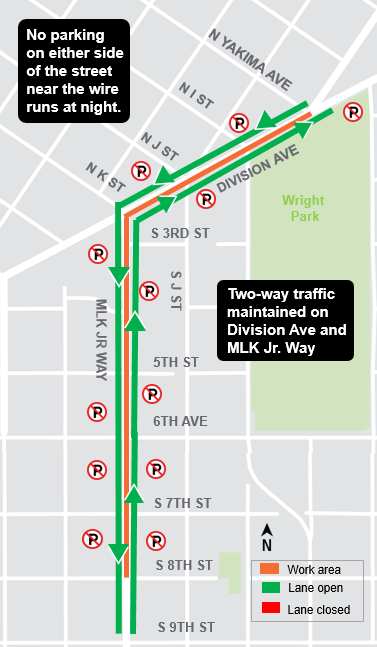 Installing wires over the tracks on MLK Jr. Way and Yakima Ave starts Oct. 18